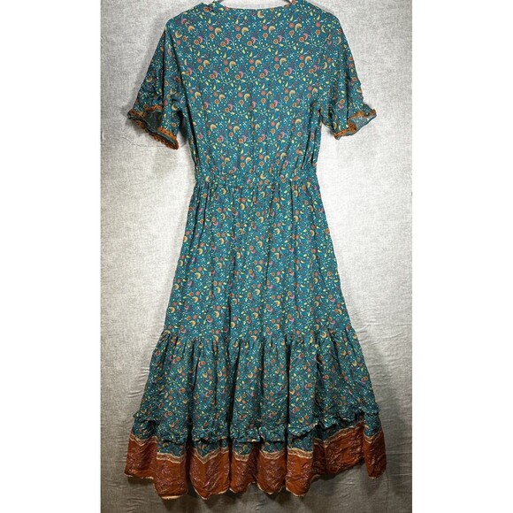 R. Vivimos Dress Womens Medium 8/10 Floral V Neck Short Sleeve Midi - Picture 6 of 7